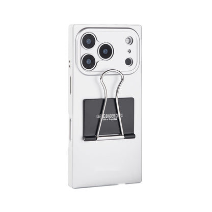 Silver square iPhone case with black binder clip kickstand, rear view