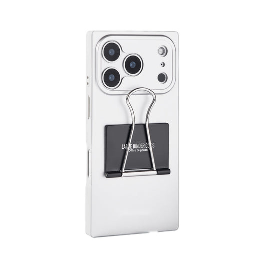 Silver square iPhone case with black binder clip kickstand, rear view