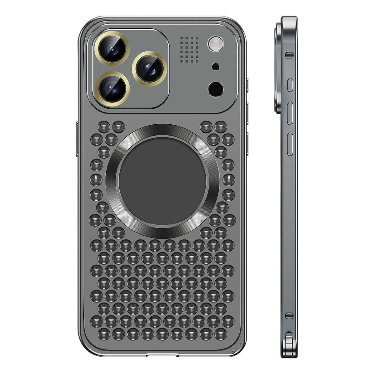 Black aluminum iPhone case with perforated vents, back and side view