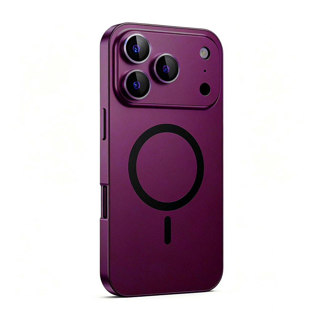 Burgundy metal MagSafe case on a triple-camera iPhone