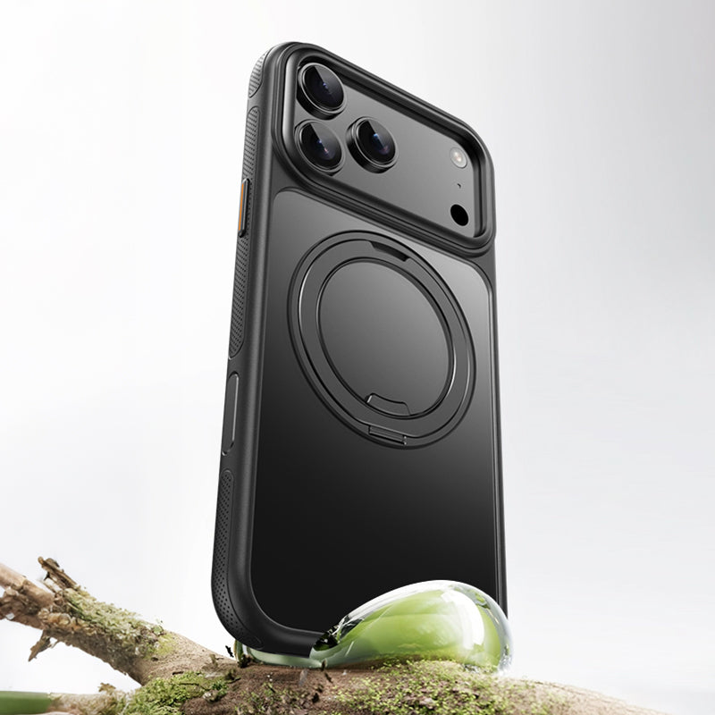 Black frosted kickstand case standing on a mossy branch