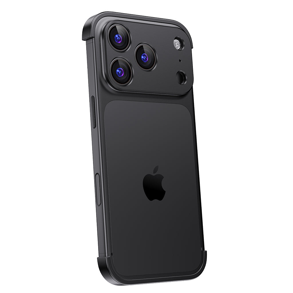 Black aluminum bumper with raised camera surround, angled view