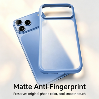 Glacier blue translucent case with frosted back next to a matching phone