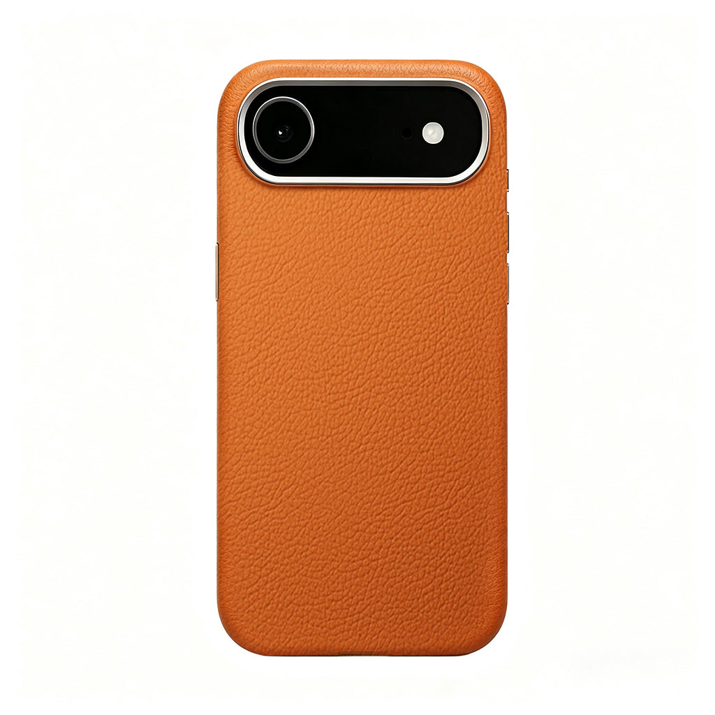 Orange leather case on a single-camera iPhone 17 Air