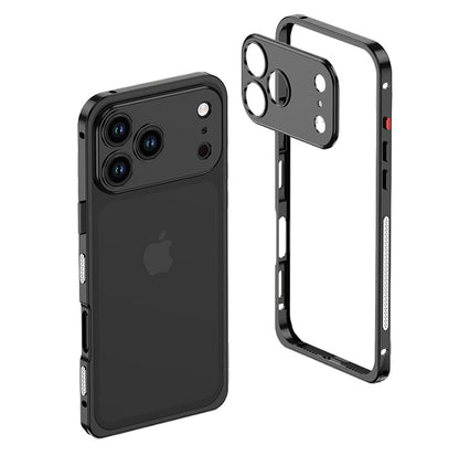 Black metal bumper on a triple-camera iPhone with the empty frame beside it