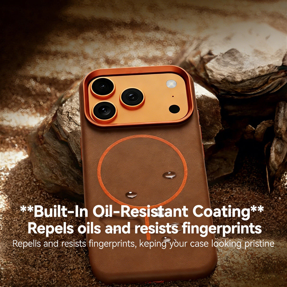 Close-up of brown leather iPhone case with water droplets on the textured back