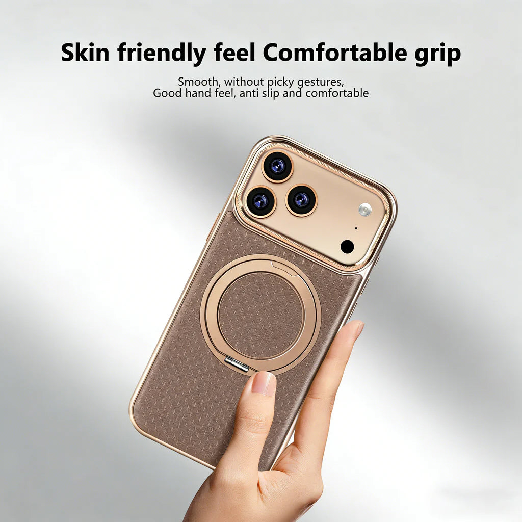 Hand holding an iPhone in a brown textured leather case