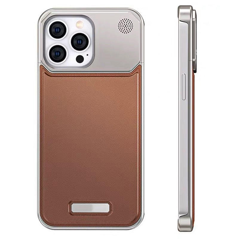 Brown leather-look aluminum iPhone case with silver frame
