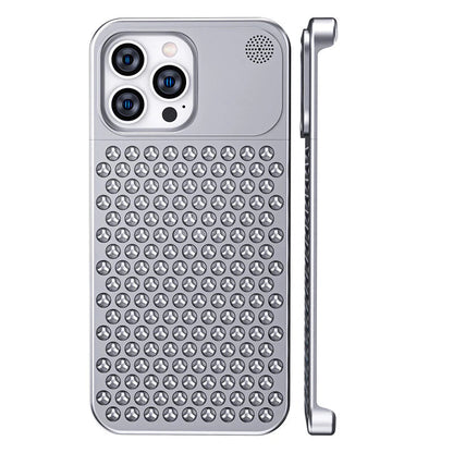 Silver frameless aluminum iPhone case with perforated back, back and side view