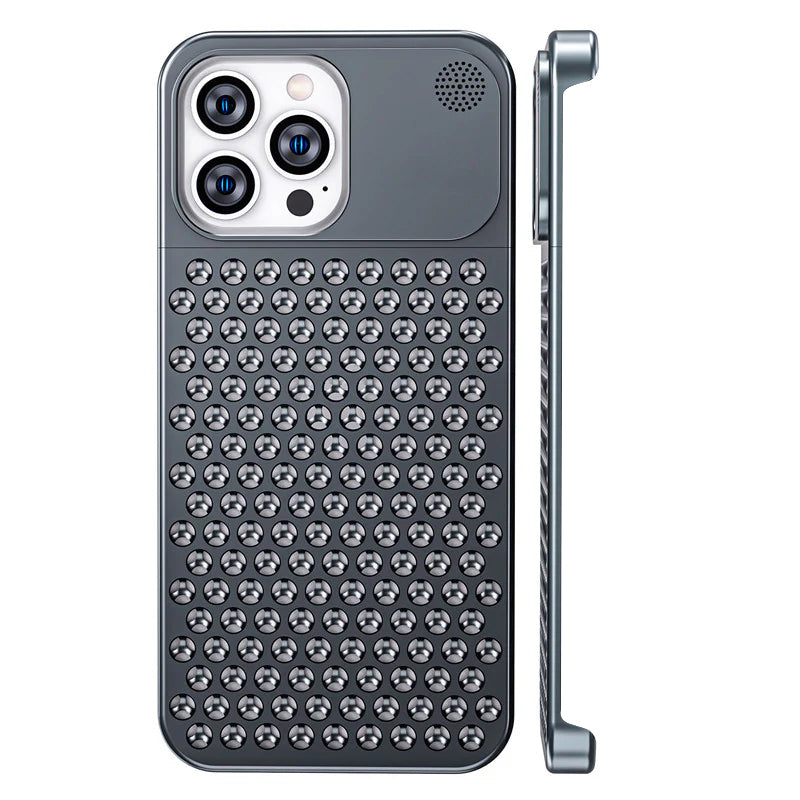 Starry gray frameless aluminum iPhone case with perforated back, back and side view