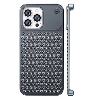 Starry gray frameless aluminum iPhone case with perforated back, back and side view