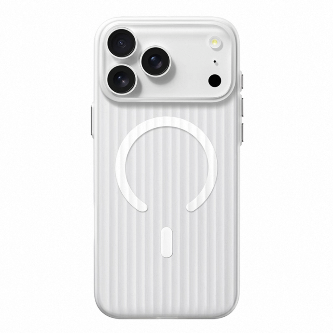 White striped frosted MagSafe iPhone case with white magnetic ring
