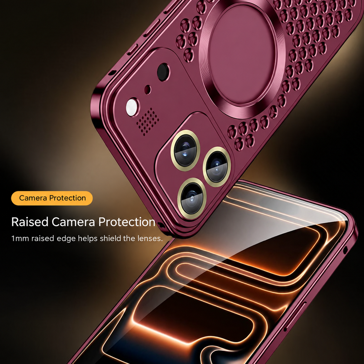 Close-up of raised camera edges on burgundy aluminum iPhone case