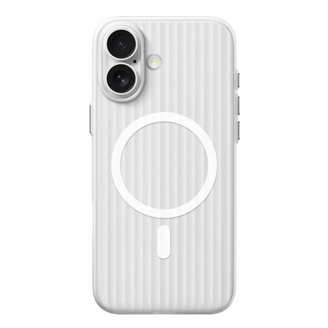 White ribbed frosted iPhone case for a dual-camera model