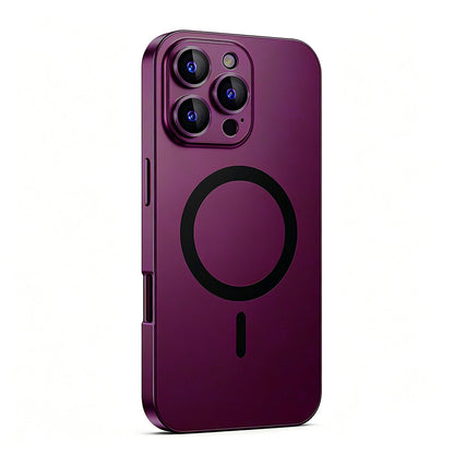 Burgundy metal MagSafe case on an earlier triple-camera Pro model