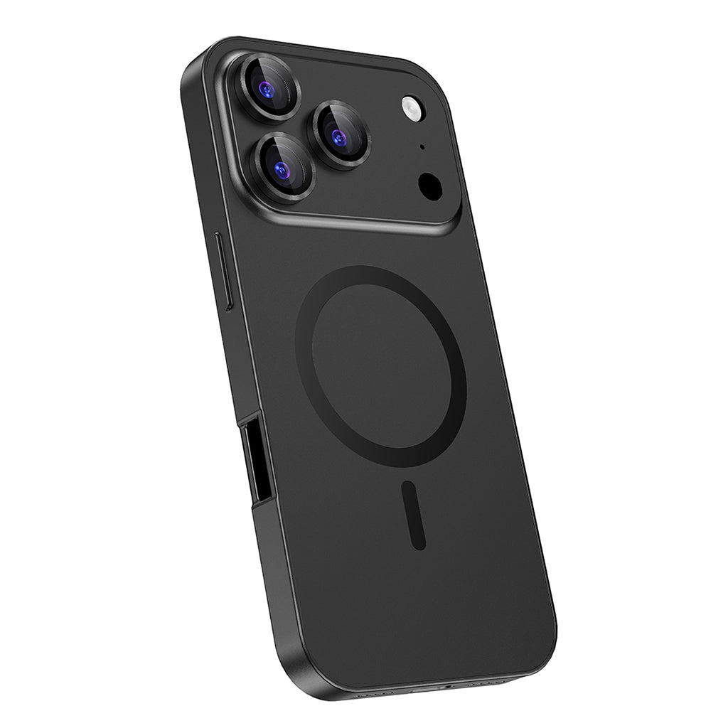 Black metal MagSafe case, angled view of the camera lens rings
