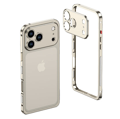 Titanium metal bumper on a triple-camera iPhone with the empty frame beside it