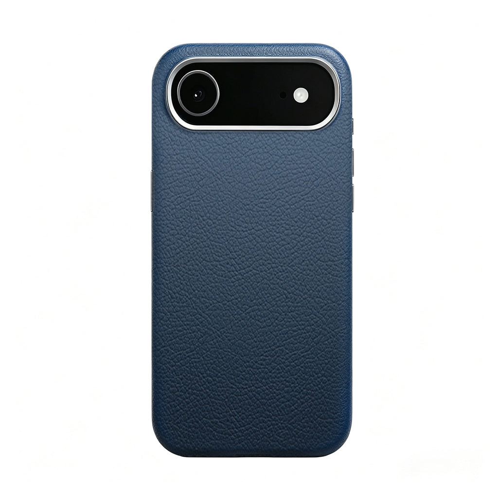 Blue leather case on a single-camera iPhone 17 Air