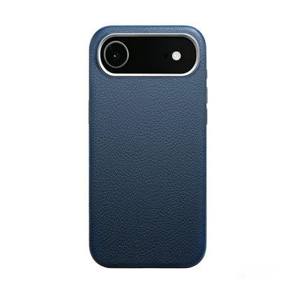 Blue leather case on a single-camera iPhone 17 Air