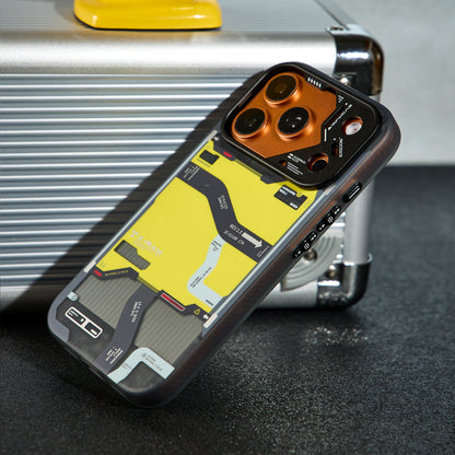 Tactical map case with orange camera ring leaning on a metal case