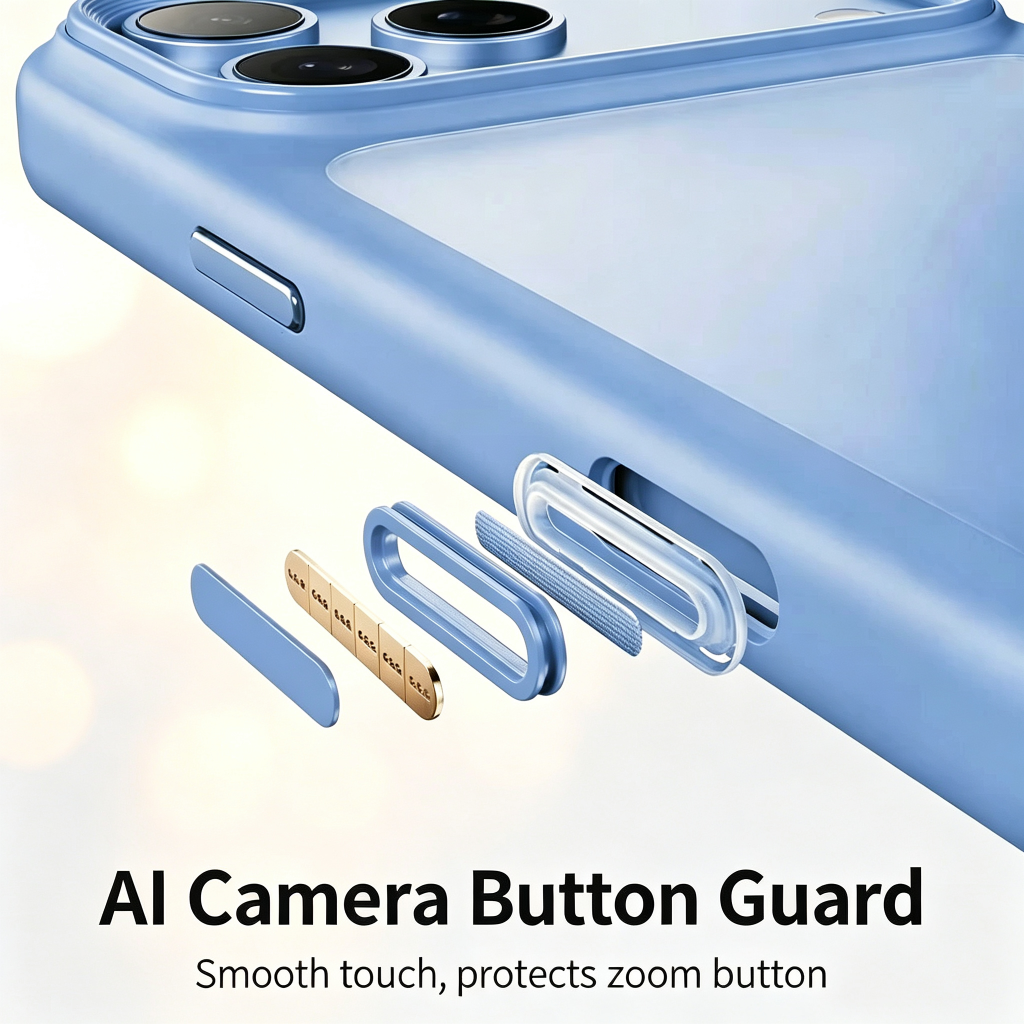 Exploded view of camera button cover parts on glacier blue iPhone case