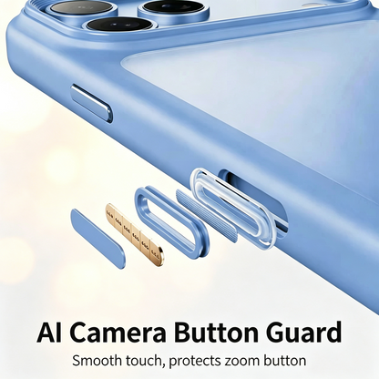 Exploded view of camera button cover parts on glacier blue iPhone case