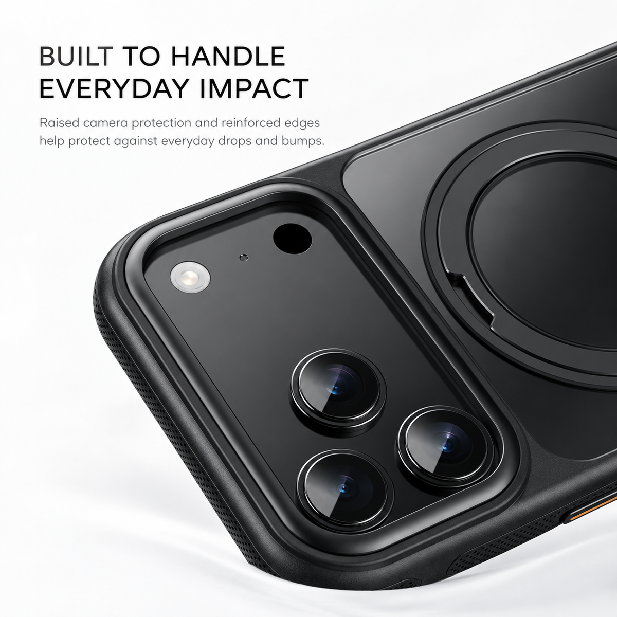Close-up of the raised camera guard on a black frosted case