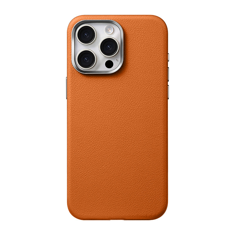 Orange leather case with silver camera surround on an earlier Pro model