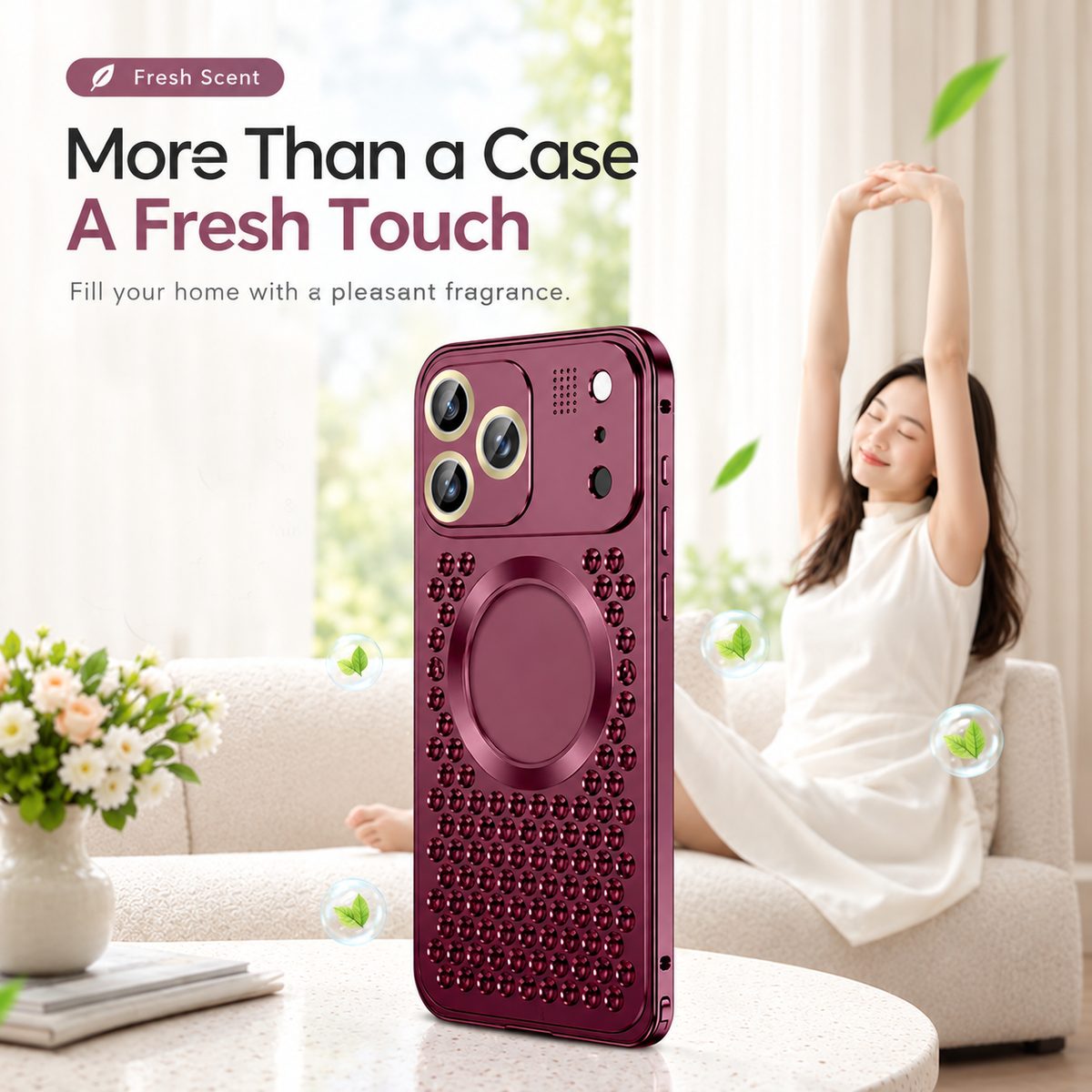 Burgundy vented iPhone case on a table in a bright living room