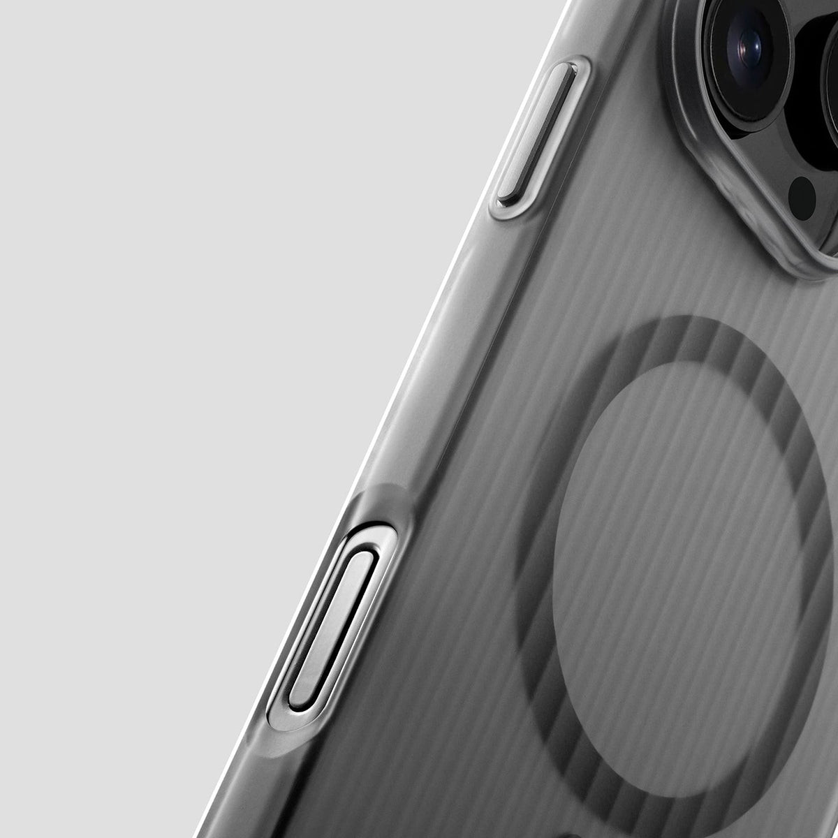 Close-up of black striped case texture and magnetic ring
