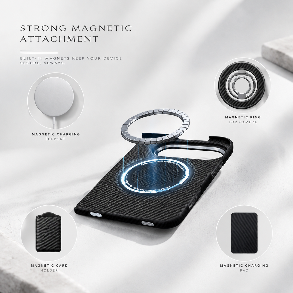 Black aramid fiber iPhone Duo case with MagSafe magnet ring and accessories