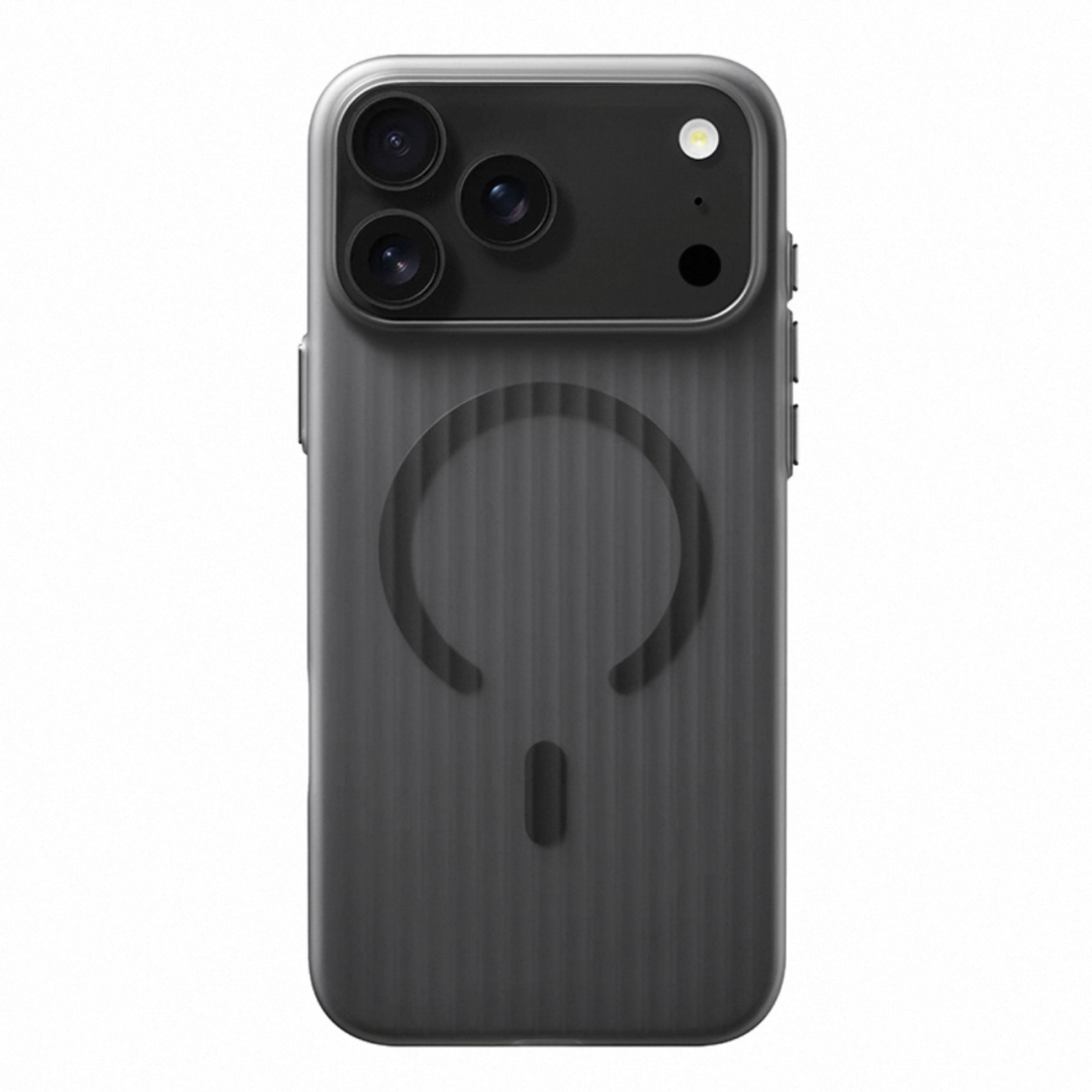 Black striped frosted MagSafe iPhone case with magnetic ring, Pro model