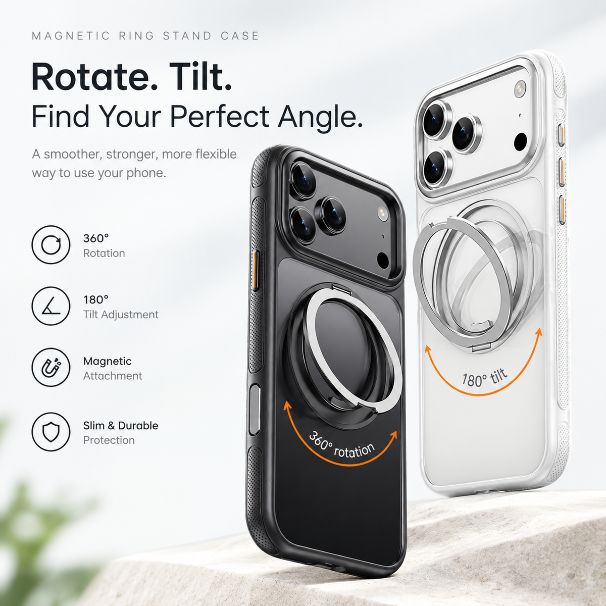 Black and white cases illustrating 360-degree rotation and 120-degree tilt of the kickstand