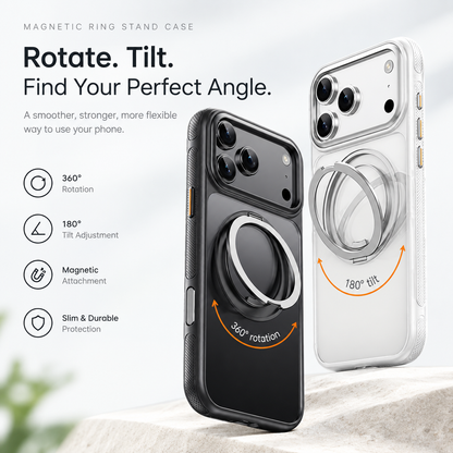 Black and white cases illustrating 360-degree rotation and 120-degree tilt of the kickstand