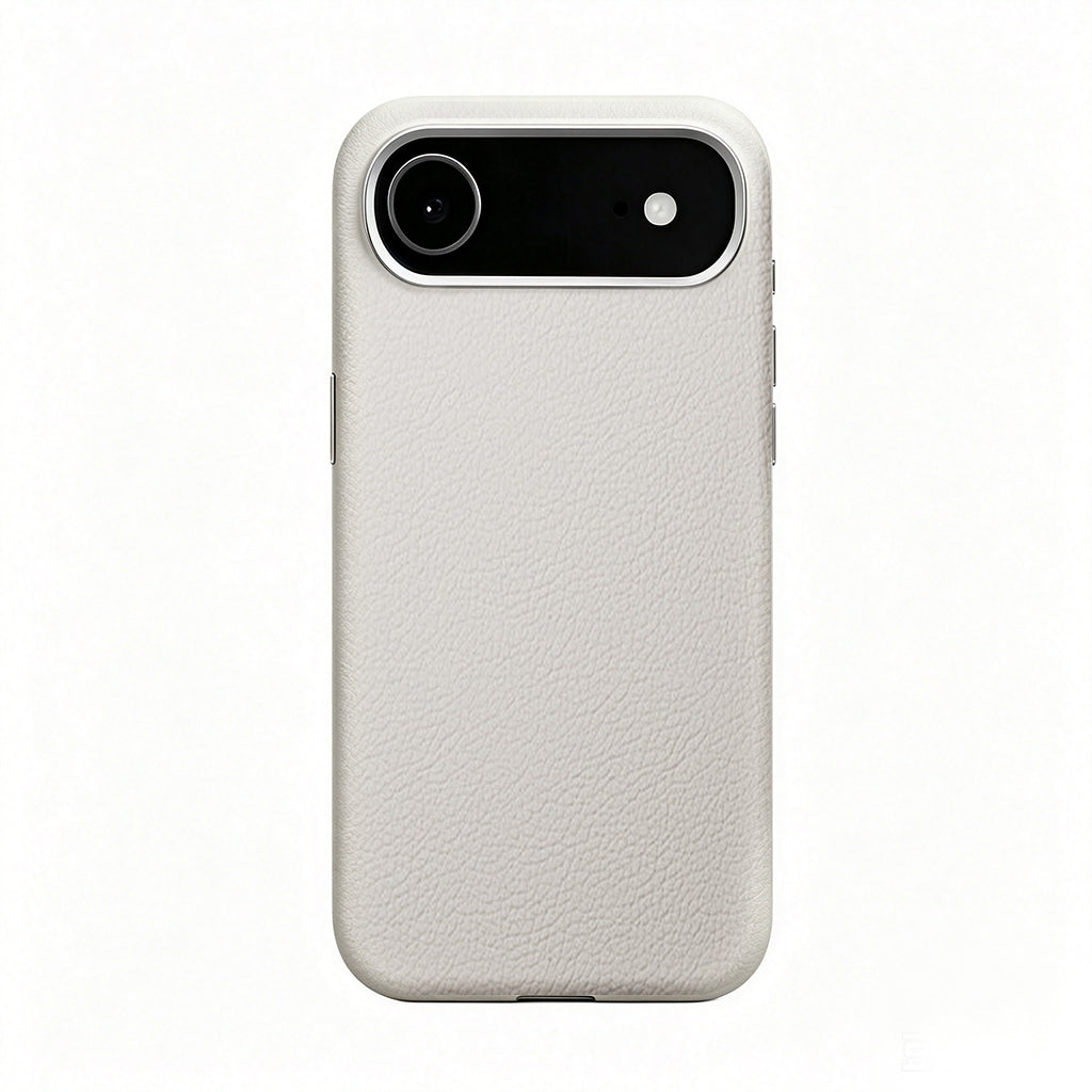 Off-white leather case on a single-camera iPhone 17 Air