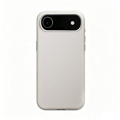 Off-white leather case on a single-camera iPhone 17 Air