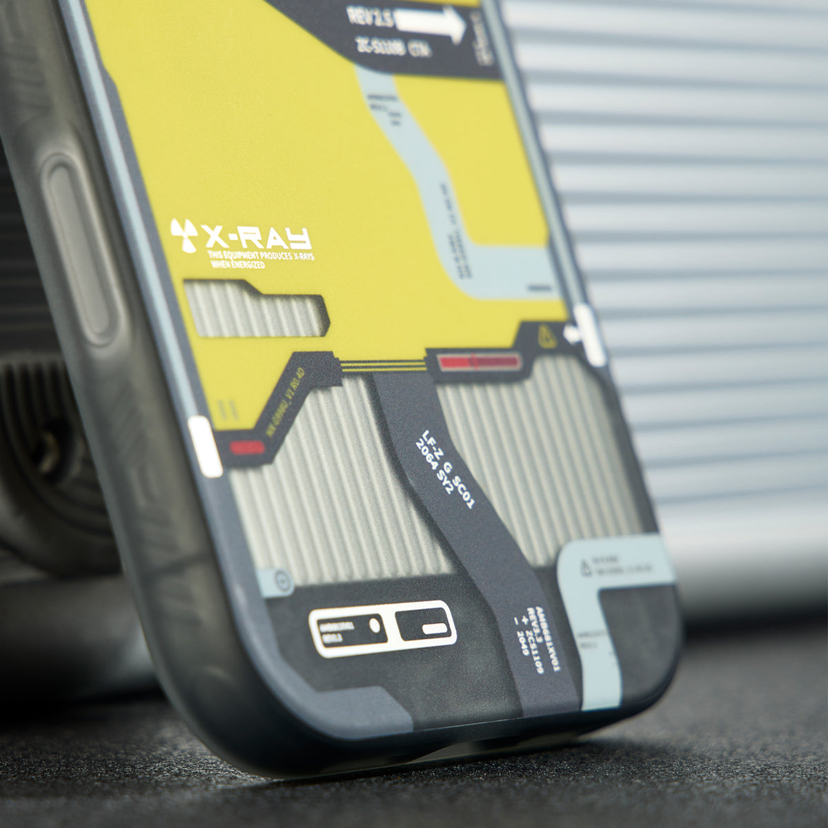 Close-up of the translucent gray side edge and yellow map graphic