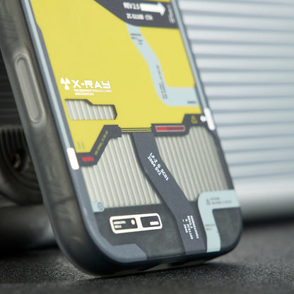 Close-up of the translucent gray side edge and yellow map graphic