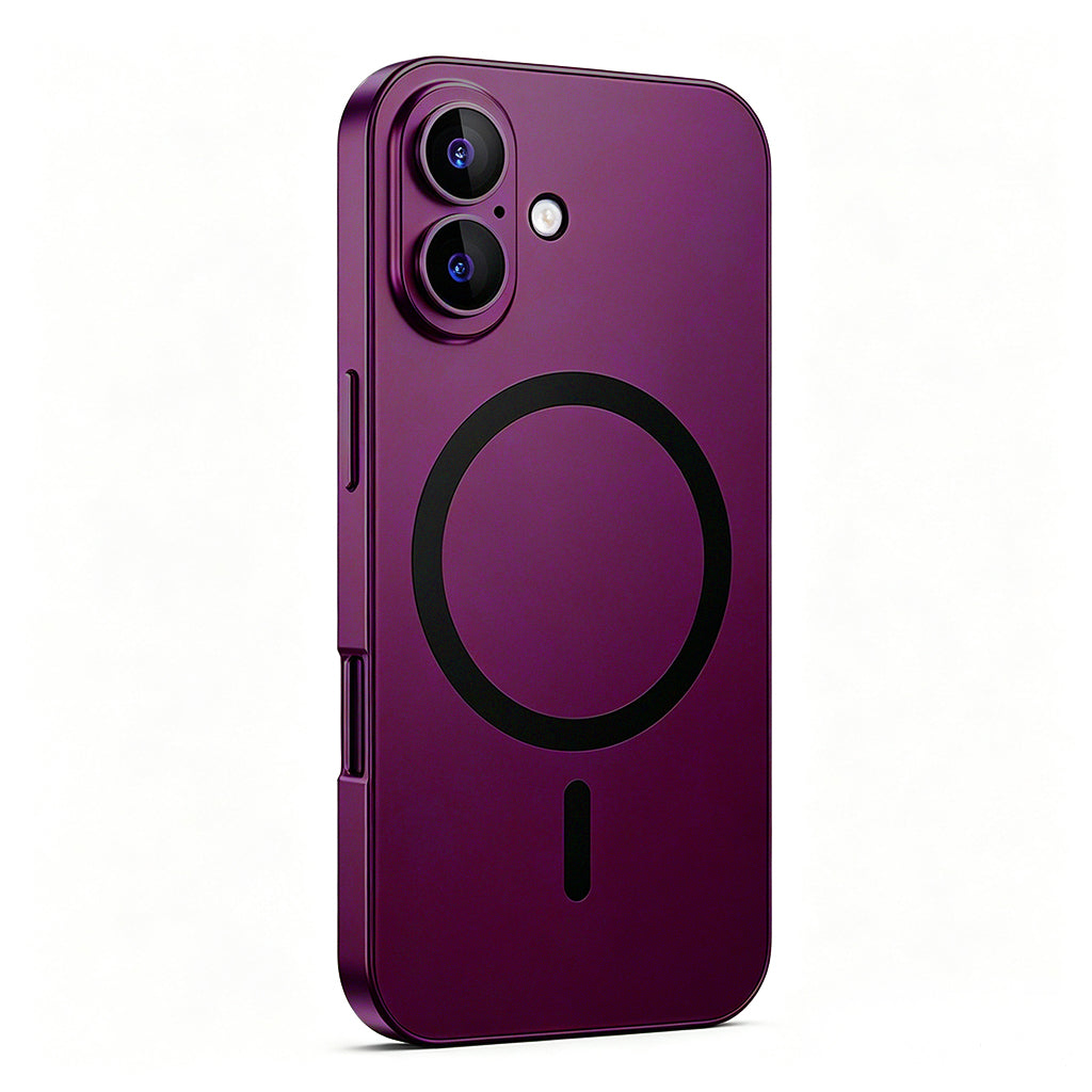 Burgundy metal MagSafe case on a dual-camera iPhone