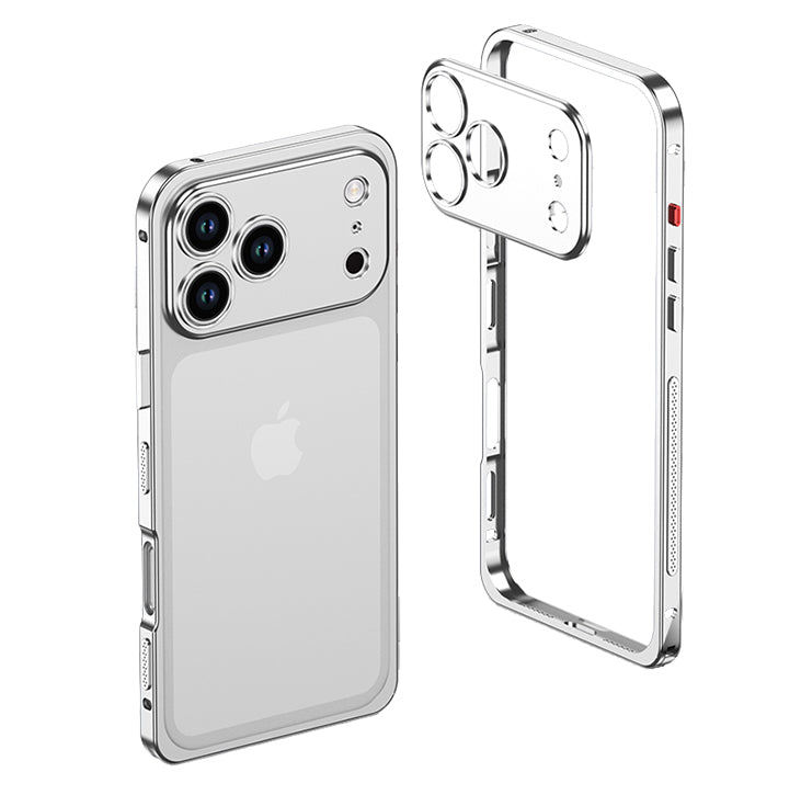 Silver metal bumper on a triple-camera iPhone with the empty frame beside it