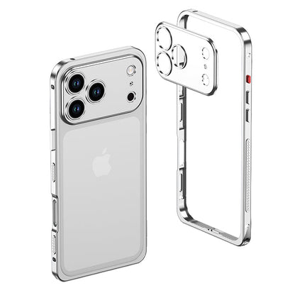 Silver metal bumper on a triple-camera iPhone with the empty frame beside it