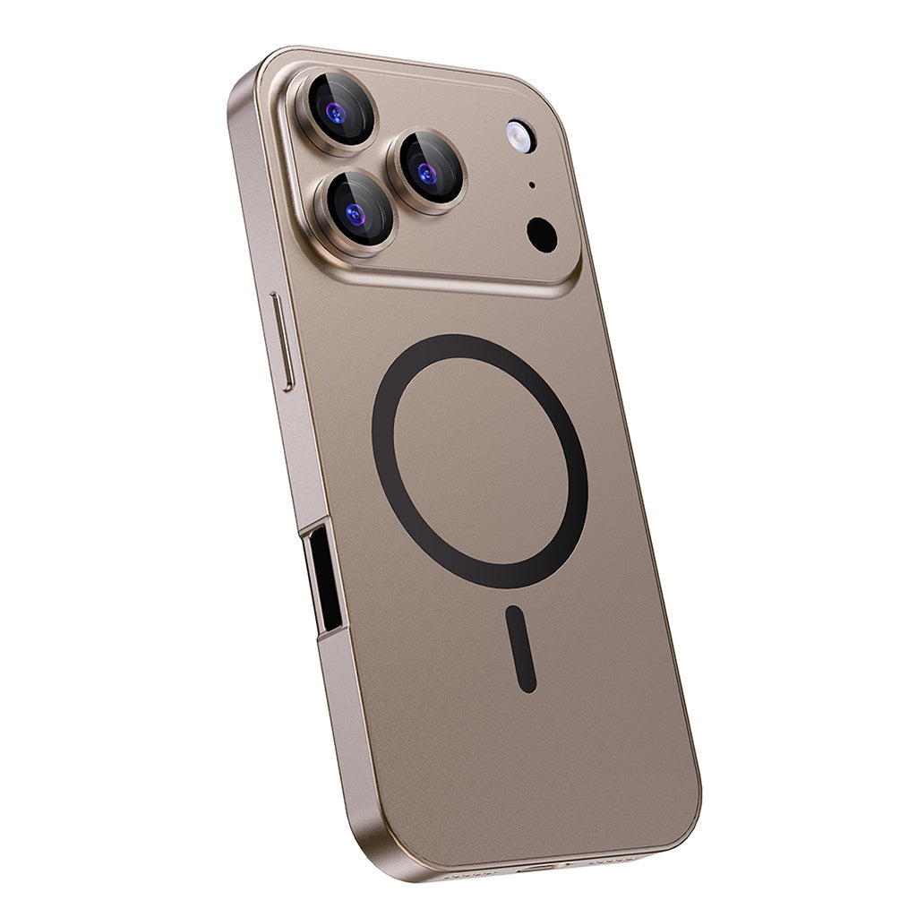 Desert Gold metal MagSafe case, angled view showing side buttons
