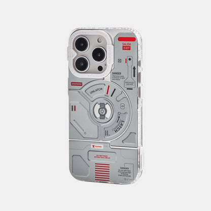 iPhone 15 Pro Max airplane mechanical magnetic case in light gray, back view