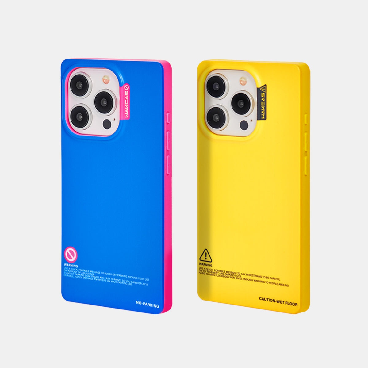 Blue and yellow square cases side by side, angled