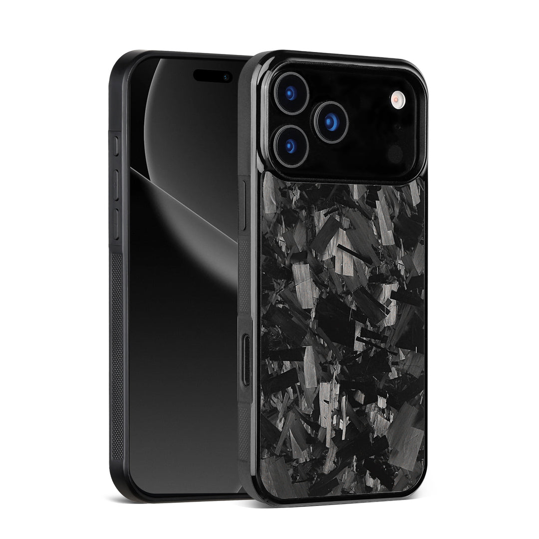 Front and back view of black forged carbon fiber iPhone case