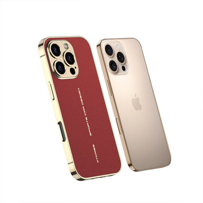 Red leather-look iPhone case with gold-tone trim next to a gold iPhone