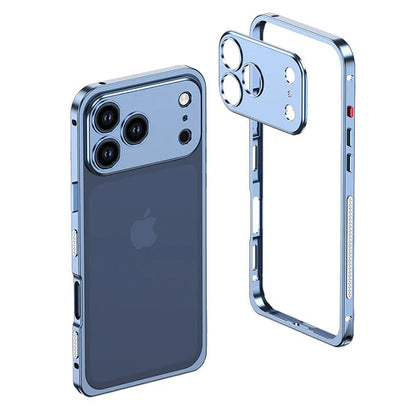 Glacier Blue metal bumper on a triple-camera iPhone
