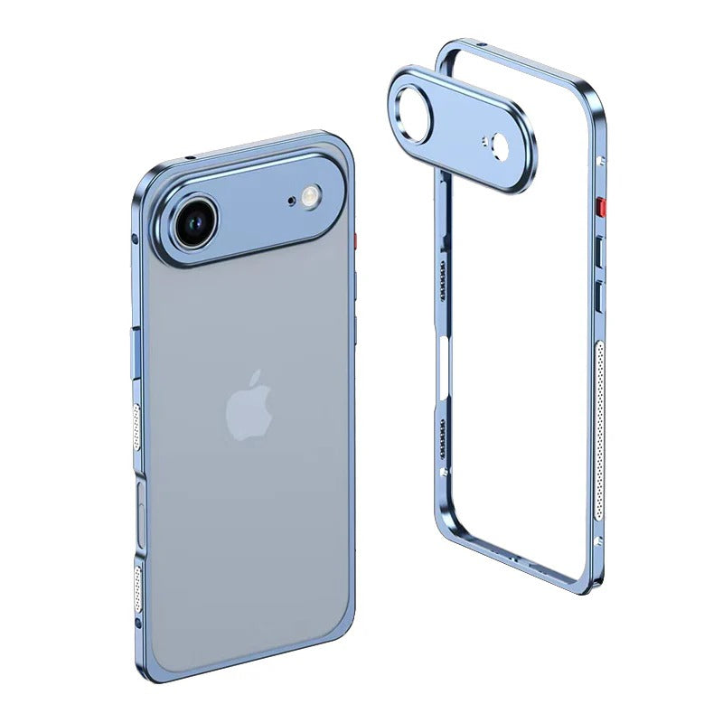 Glacier Blue metal bumper on a single-camera iPhone 17 Air