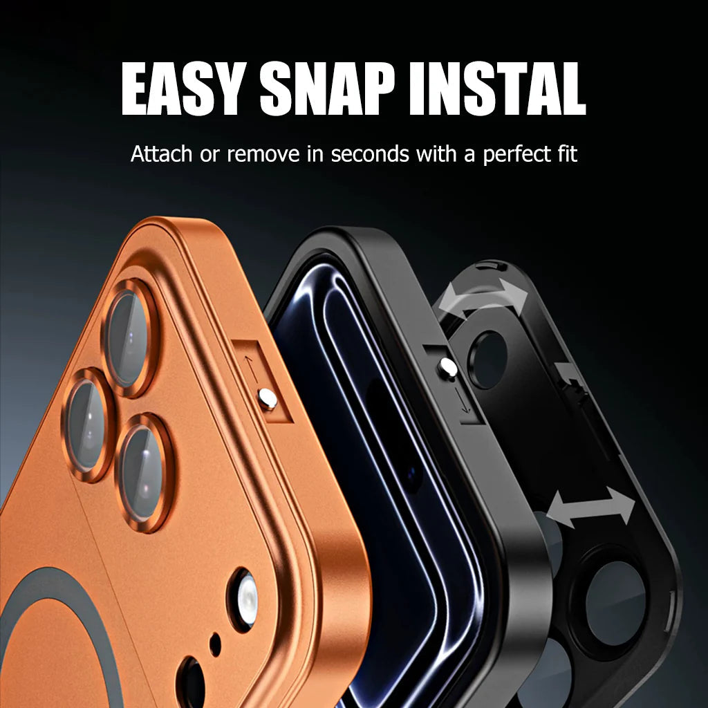 Orange and black cases shown snapping onto the phone