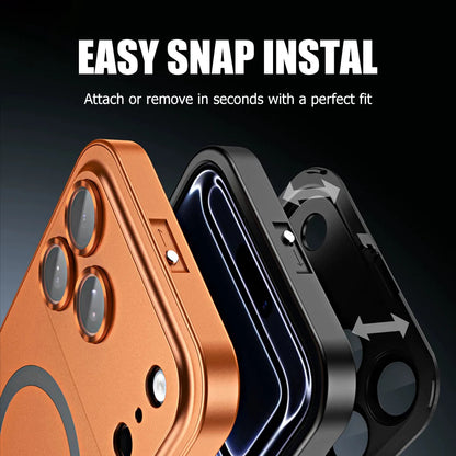 Orange and black cases shown snapping onto the phone